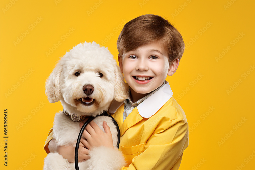 Cute funny kid in veterinary coat with a puppy dog on pastel background with copy space. generative ai Cute funny kid in veterinary coat with a puppy dog on pastel background with copy space. generative ai