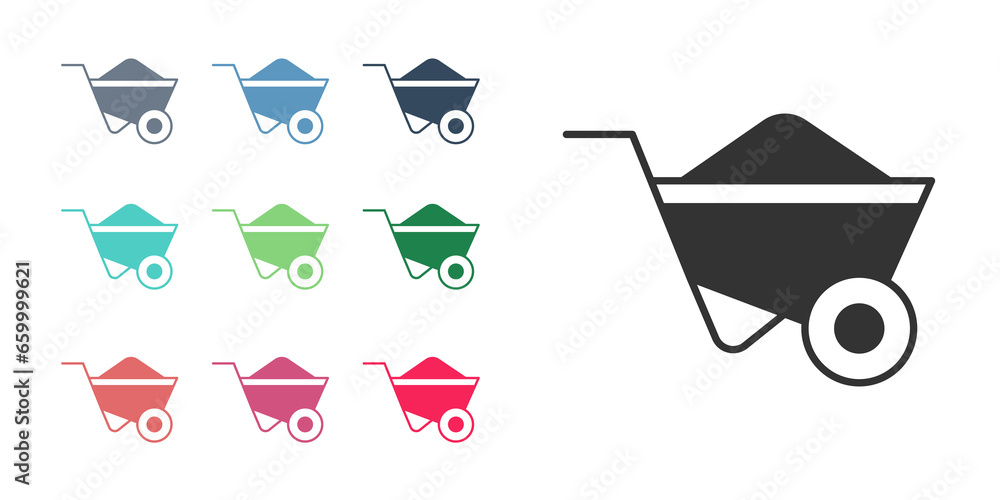 Black Wheelbarrow icon isolated on white background. Tool equipment. Agriculture cart wheel farm. Set icons colorful. Vector Black Wheelbarrow icon isolated on white background. Tool equipment. Agriculture cart wheel farm. Set icons colorful. Vector