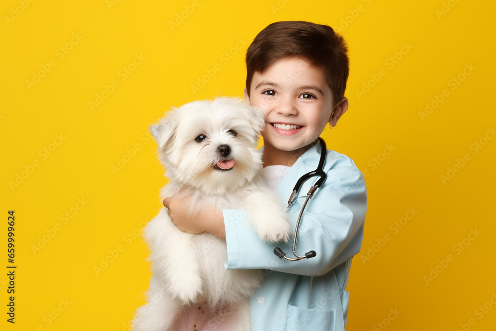 Cute funny kid in veterinary coat with a puppy dog on pastel background with copy space. generative ai Cute funny kid in veterinary coat with a puppy dog on pastel background with copy space. generative ai