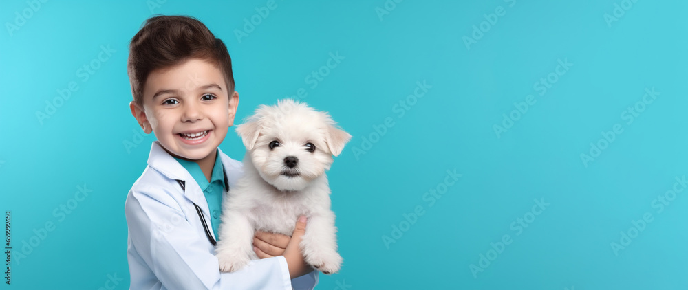 Cute funny kid in veterinary coat with a puppy dog on pastel background with copy space. generative ai Cute funny kid in veterinary coat with a puppy dog on pastel background with copy space. generative ai
