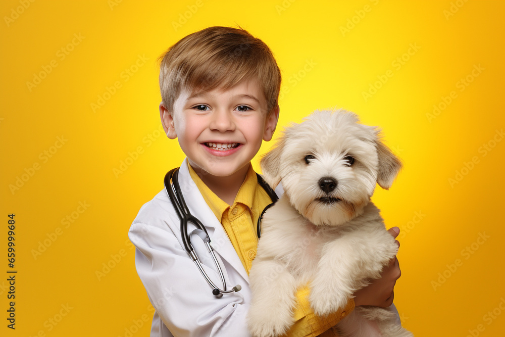 Cute funny kid in veterinary coat with a puppy dog on pastel background with copy space. generative ai Cute funny kid in veterinary coat with a puppy dog on pastel background with copy space. generative ai