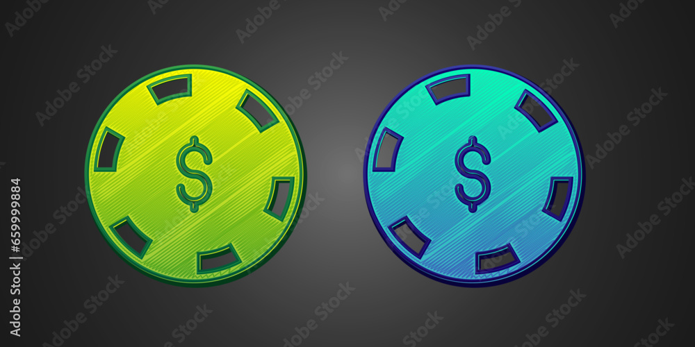 Green and blue Casino chip with dollar symbol icon isolated on black background. Casino gambling. Vector Green and blue Casino chip with dollar symbol icon isolated on black background. Casino gambling. Vector