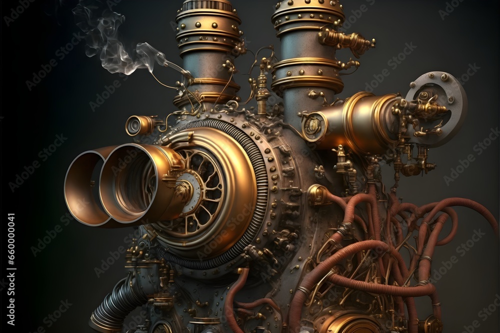 a steampunk clockwork1 fantasy machine with many steaming1 pipes1 the pipes are bronze and full of rusted holes that vent smoke and steam 