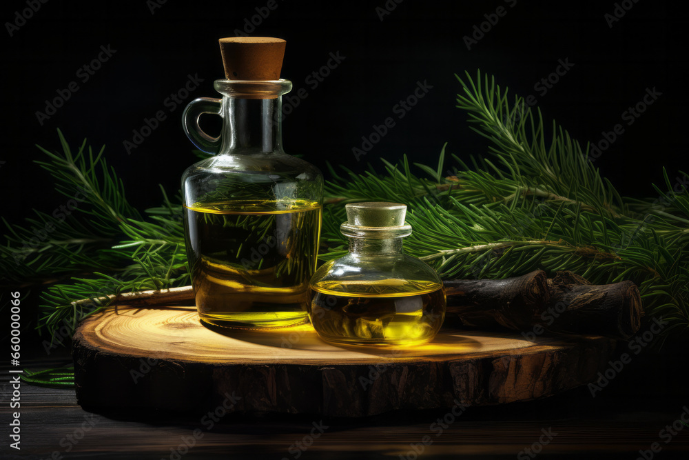 Retro glass bottle with spruce oil and fir branches standing on wooden table on black background. Natural elixir aroma therapy Retro glass bottle with spruce oil and fir branches standing on wooden table on black background. Natural elixir aroma therapy