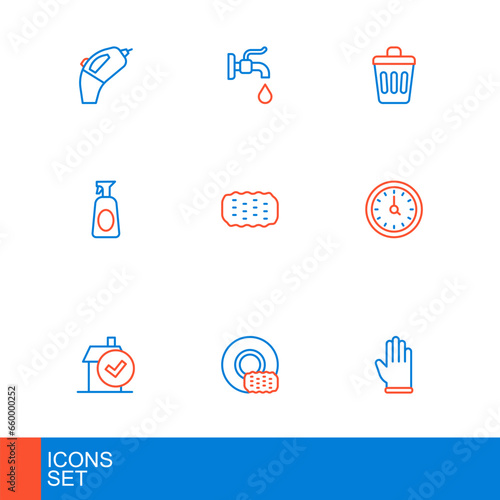 Set line Rubber gloves, Washing dishes, Home cleaning service, Clock, Cleaning spray with detergent, Sponge, Trash can and Water tap icon. Vector