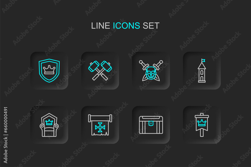 Set line Medieval flag, Antique treasure chest, Crusade, throne, Castle tower, Skull with sword, Crossed battle hammers and Shield crown icon. Vector