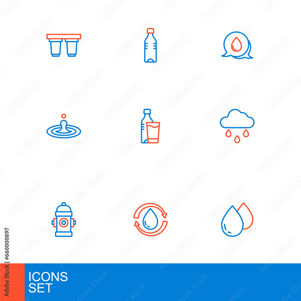 Set line Water drop, Recycle clean aqua, Fire hydrant, Cloud with rain, Bottle of water glass, speech bubbles and icon. Vector Set line Water drop, Recycle clean aqua, Fire hydrant, Cloud with rain, Bottle of water glass, speech bubbles and icon. Vector