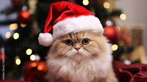 Cute cat in a Santa Claus Christmas hat on a Christmas bokeh background