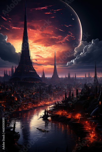 The Moonlit City: A Fantasy Digital Artwork,city at night,night view country