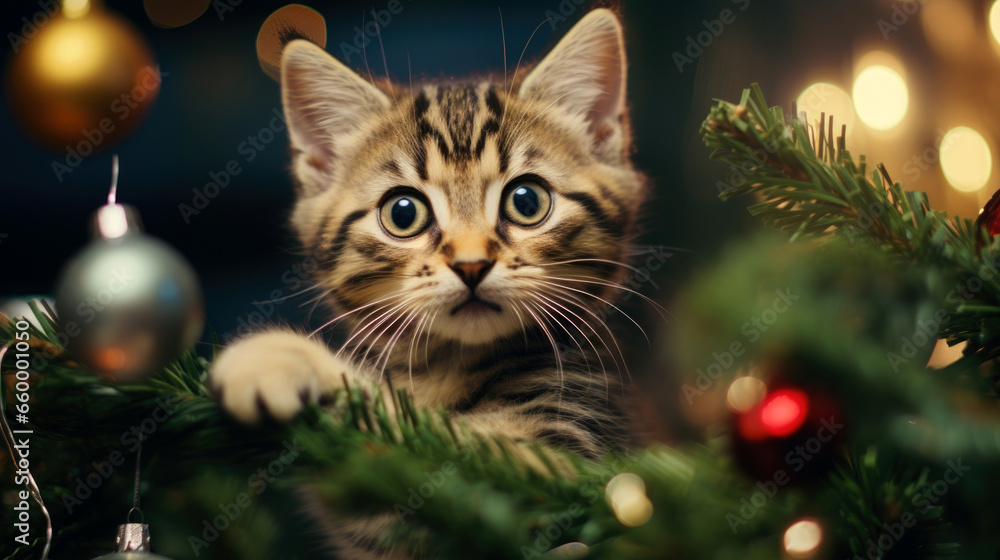 cat on the christmastree