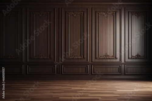 Dark brown classic wooden wall background with copy space, mock up room, parquet floor