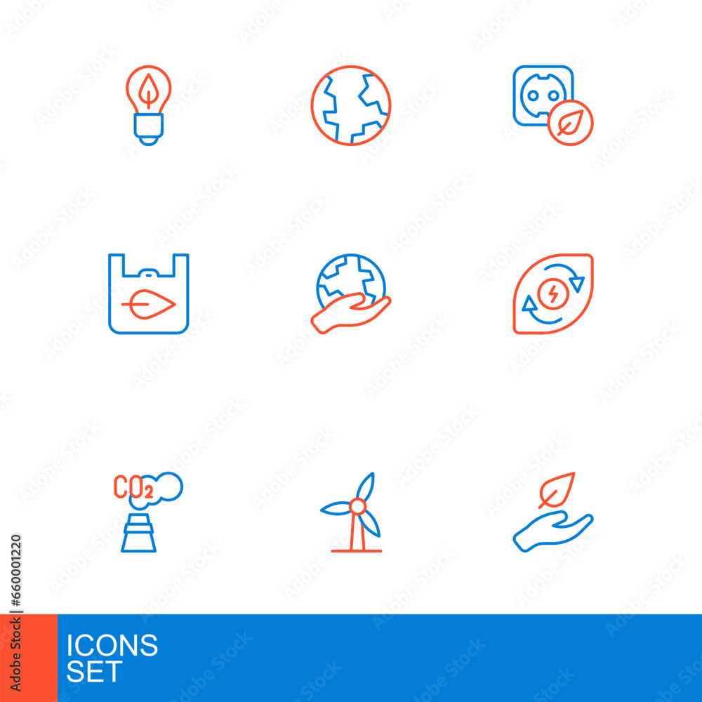 Set line Leaf in hand, Wind turbine, CO2 emissions cloud, Water energy, Shopping bag with recycle, Hand holding Earth globe, Electrical outlet and icon. Vector Set line Leaf in hand, Wind turbine, CO2 emissions cloud, Water energy, Shopping bag with recycle, Hand holding Earth globe, Electrical outlet and icon. Vector