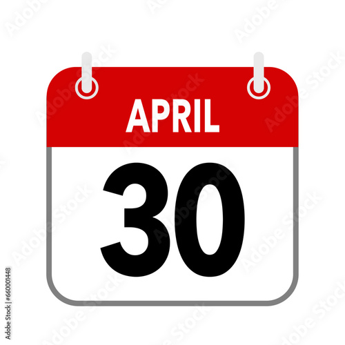 30 April, calendar date icon on white background.