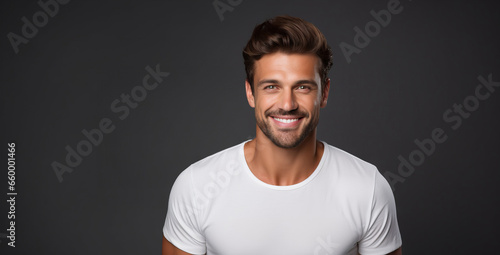 Beautiful caucasian man with smooth healthy face skin. Gorgeous man with a happy smile. Beauty and cosmetics skincare advertising concept. photo