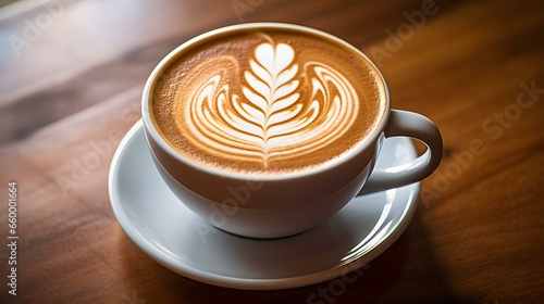 Overhead Shot of a Cup filled with Coffee Latte Art on a wooden Table