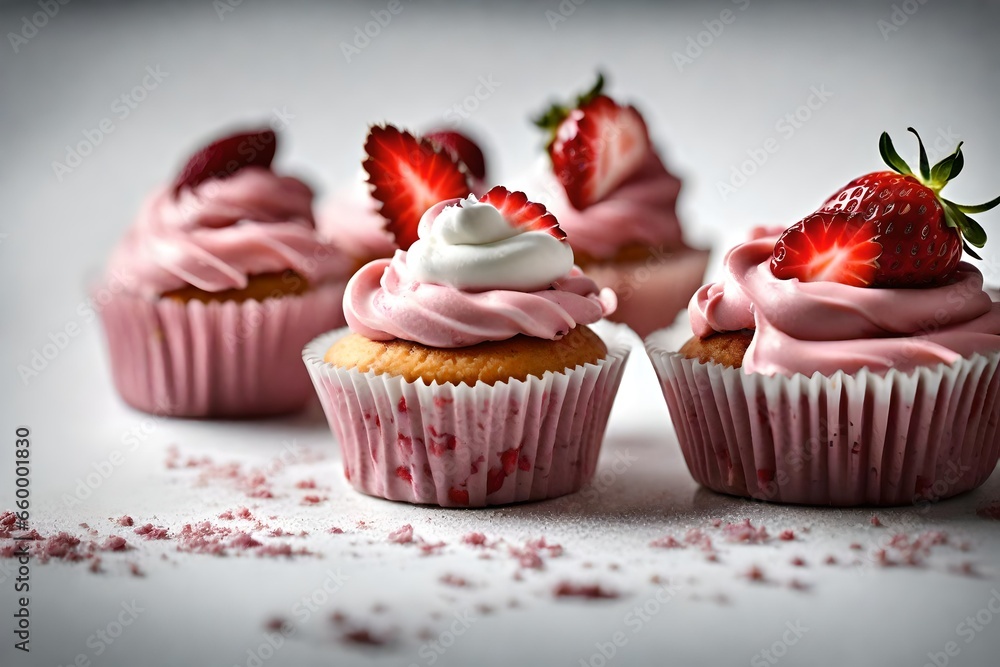 A CUP CAKE, WITH STRAWBERRY CREAM, PUTTING ON WHITE TABLE.