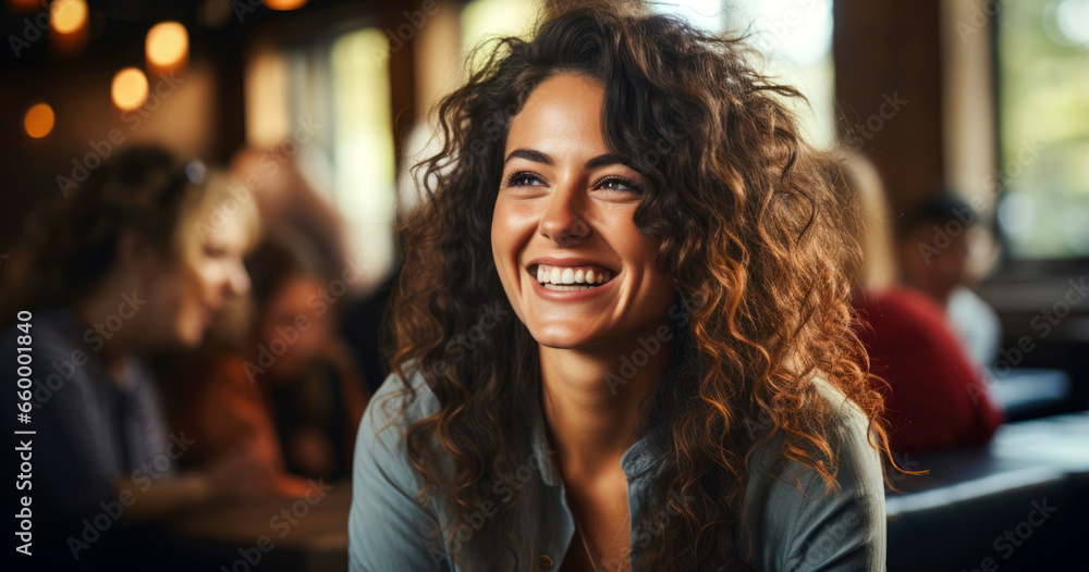 Joyful woman laughing during a casual gathering in a bustling cafe filled with warm lights and friendly faces on a pleasant afternoon Joyful woman laughing during a casual gathering in a bustling cafe filled with warm lights and friendly faces on a pleasant afternoon