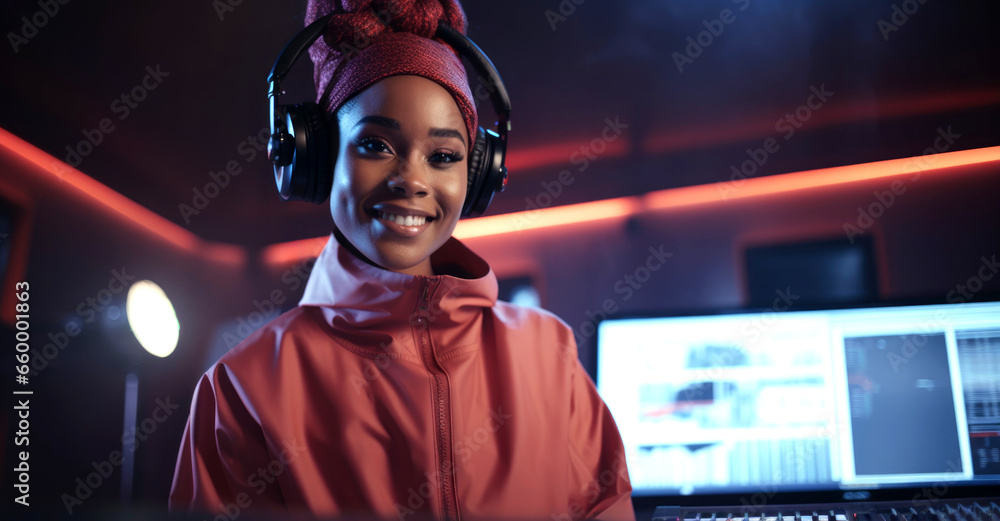 Young woman enjoys music production in a modern studio while wearing headphones and a vibrant outfit during an evening session