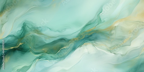 Abstract watercolor paint background illustration - Soft pastel green aquamarine color and golden lines, with liquid fluid marbled paper texture banner texture photo