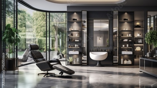 This modern and elegant beauty salon features a luxury styling chair, facial and hair treatment machines, cosmetic product shelves, and a reeded glass partition with a sofa. photo