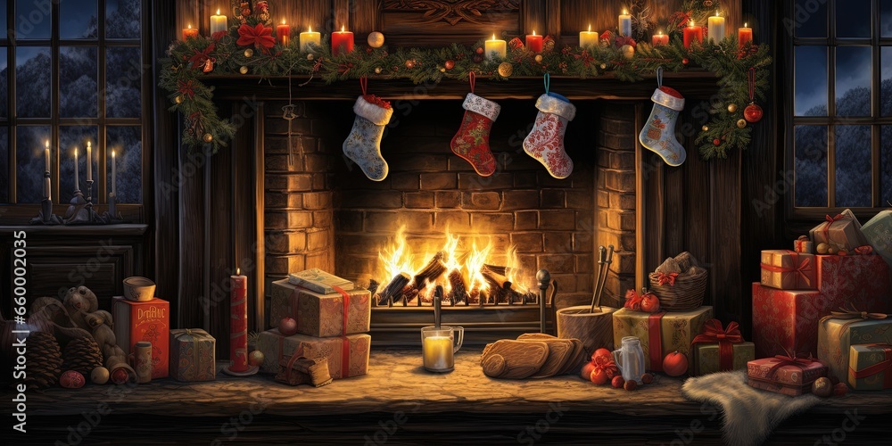 Christmas holiday winter time home greeting card - Feet in wool socks, fireplace in the background