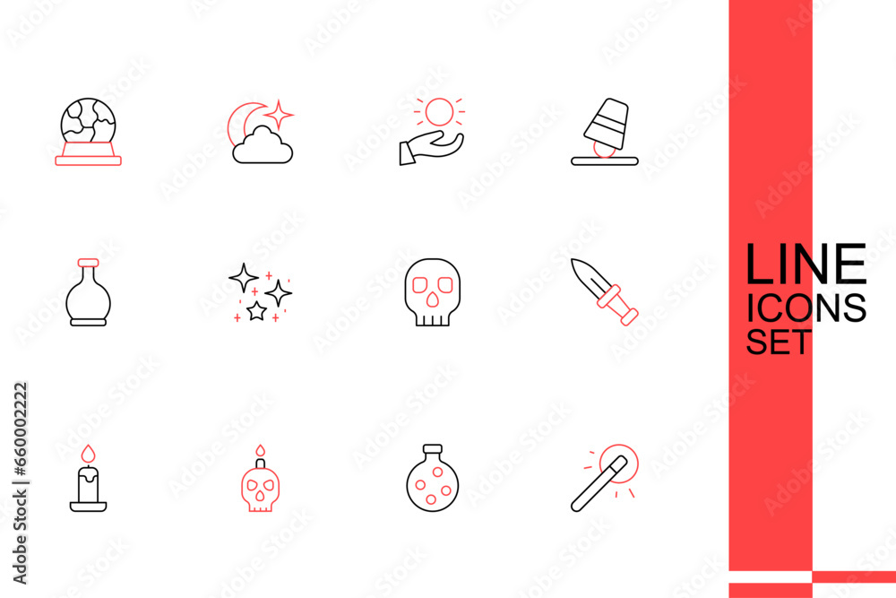 Set line Magic wand, Bottle with potion, Burning candle skull, Dagger, Skull, Magical glitter particles and icon. Vector Set line Magic wand, Bottle with potion, Burning candle skull, Dagger, Skull, Magical glitter particles and icon. Vector