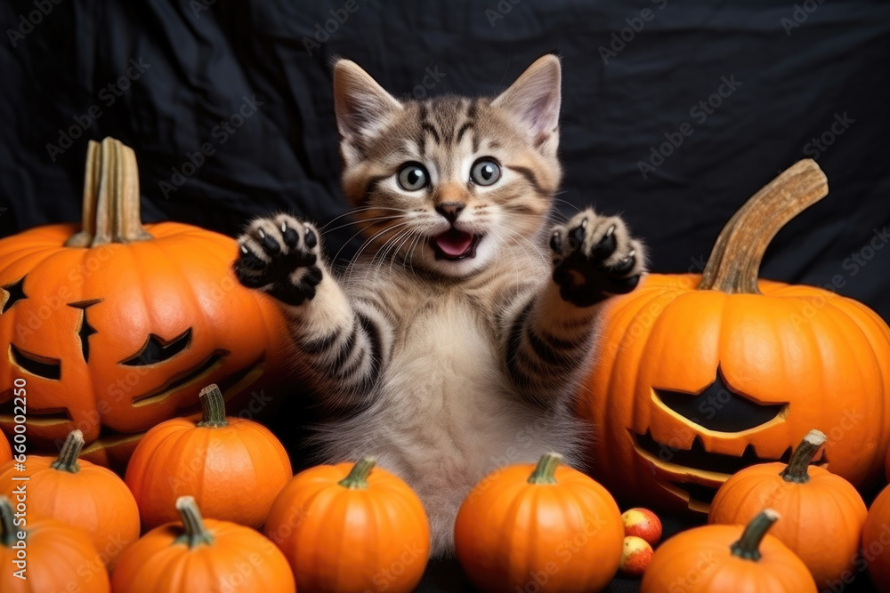 Funny kitten on his back and raised his paws up, lies among small jack-o'-lantern pumpkins, top view Funny kitten on his back and raised his paws up, lies among small jack-o'-lantern pumpkins, top view