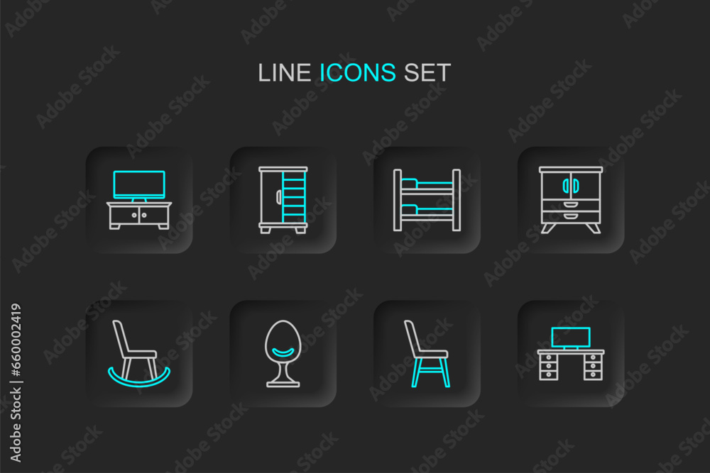 Set line Office desk, Chair, Armchair, Chest of drawers, Bunk bed, Wardrobe and TV table stand icon. Vector