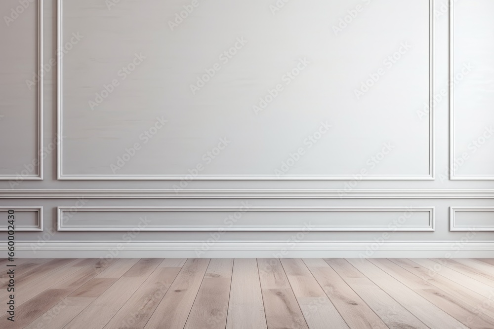 Grey classic wall background with copy space, mock up room, brown parquet floor Grey classic wall background with copy space, mock up room, brown parquet floor