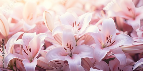 Flowers background banner - Closeup of white pink beautiful blooming lilies, lilie, lilly( lilium) field