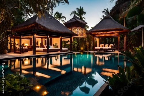 pool at night, A luxurious tropical pool villa nestled in a lush green garden oasis