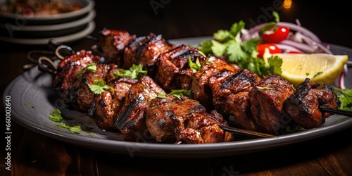 Grilled meat skewers on a plate  a gourmet barbecue meal