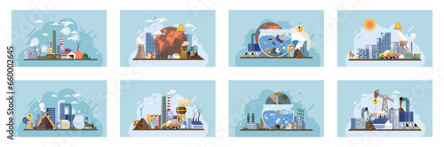 Industrial pollution. Dirty waste. Environmental pollution. Vector illustration. Trash emission is contributing to environmental pollution Dirty waste from factories is polluting our water sources