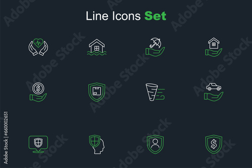 Set line Shield with dollar, Life insurance shield, Location, Car, Tornado, Delivery security and Money icon. Vector