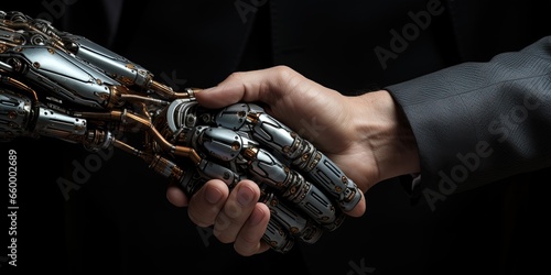 Handshake of man and robot. Modern technologies.