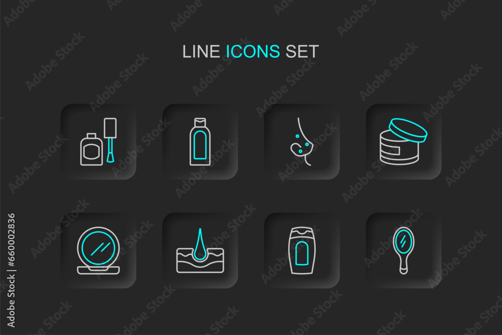 Set line Hand mirror, Bottle of shampoo, Human hair follicle, Makeup powder with, Cream lotion cosmetic tube, Acne, and nail polish icon. Vector Set line Hand mirror, Bottle of shampoo, Human hair follicle, Makeup powder with, Cream lotion cosmetic tube, Acne, and nail polish icon. Vector