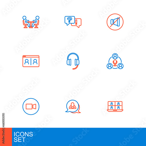 Set line Video chat conference, Speech bubble, Meeting, Headphones, Mute microphone and Question and Answer icon. Vector