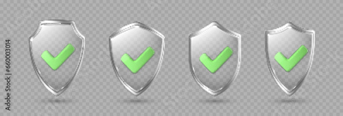 Glass transparent security guard shields with metal frame. Protective shield with green checkmark. Protection or privacy concept. Vector 3d illustration