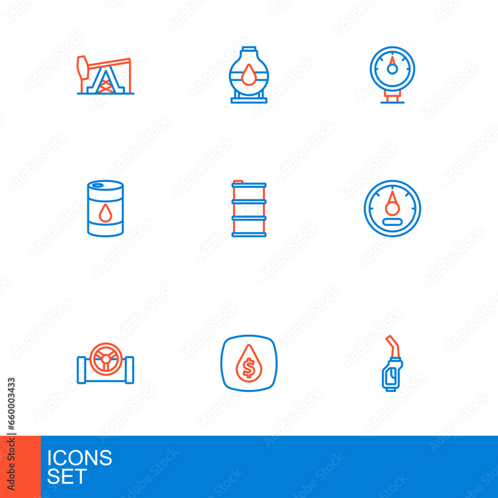 Set line Gasoline pump nozzle, Oil drop with dollar symbol, pipe valve, Motor gas gauge, Barrel oil, and tank storage icon. Vector Set line Gasoline pump nozzle, Oil drop with dollar symbol, pipe valve, Motor gas gauge, Barrel oil, and tank storage icon. Vector