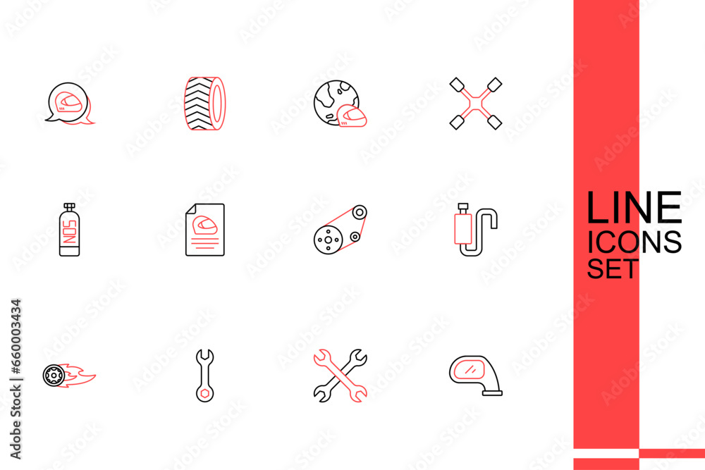 Set line Car mirror, Wrench spanner, Wheel in fire flame, muffler, Racing track, helmet and Nitrous oxide icon. Vector Set line Car mirror, Wrench spanner, Wheel in fire flame, muffler, Racing track, helmet and Nitrous oxide icon. Vector