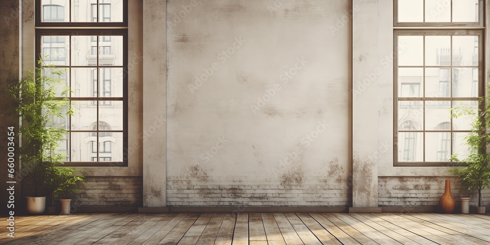 Three blank white posters in loft interior with windows and sunlight. Mock up. - obrazy, fototapety, plakaty 