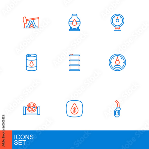 Set line Gasoline pump nozzle, Oil drop with dollar symbol, pipe valve, Motor gas gauge, Barrel oil, and tank storage icon. Vector