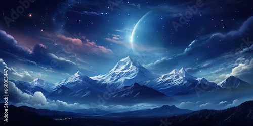 Tranquil night sky illuminates majestic mountain range in star field