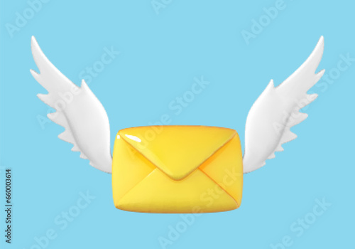 3D flying envelope with wings. Incoming mail notification, newsletter and online email concept. Incoming email or message. Vector 3d illustration