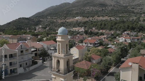 Aerial view of church bell tower and town, Agia Effimia, Kefalonia (Cephalonia), Ionian Islands, Greek Islands photo