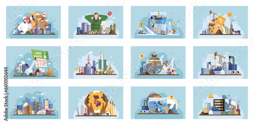 Industrial pollution. Dirty waste. Environmental pollution. Vector illustration. Factory emitting smoke is affecting health nearby residents Toxic waste chemicals are poisoning our soil Industrial