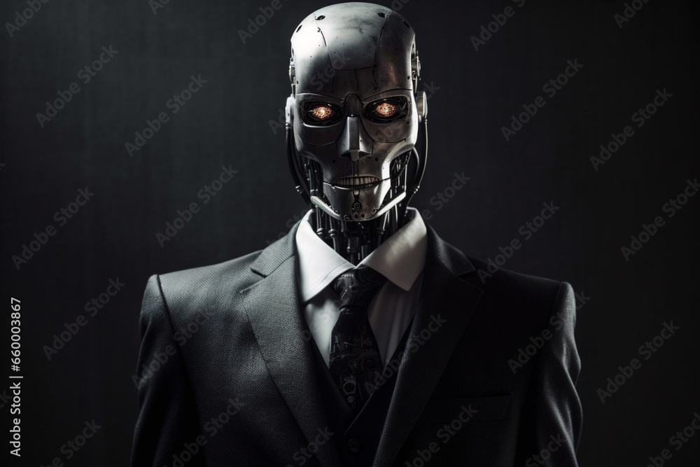 Explore the fusion of business and technology in this creative concept, featuring a suited man working with a robotic face. Working like a robot concept. Ai generated Explore the fusion of business and technology in this creative concept, featuring a suited man working with a robotic face. Working like a robot concept. Ai generated