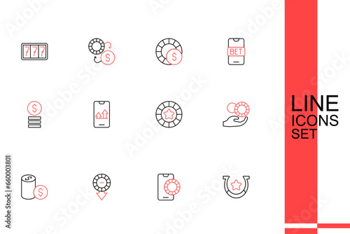 Set line Horseshoe, Online sports betting, Casino chips, with dollar, Hand holding casino, and icon. Vector