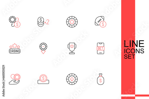 Set line Money bag, Casino chips, Coin money with dollar, Hand holding casino, Online sports betting, poker trophy cup, and signboard icon. Vector