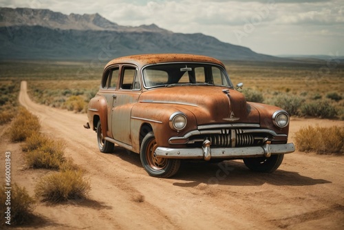 "An old car abandoned on a sandy road in the middle of a stunning landscape." 
